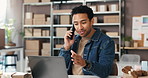 Businessman, laptop or logistics with phone call for delivery schedule or online order in storage. Man, entrepreneur or talking with mobile smartphone or boxes for virtual help or shipping service