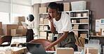 Laptop, woman or frustrated with phone call in shipping for supplier delay, delivery mistake or crisis. Distribution staff, owner and stress with mobile contact for box label error or logistics fail