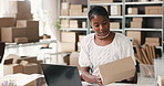 Shipping, box and black woman on laptop for online orders, distribution and logistics info. Small business, invoice and person on computer for delivery label, supply chain and inventory on website