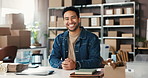 Happy, supply chain and face of man in office for logistics, retail supplier and shipping service. Small business, startup and portrait of person with boxes for delivery, distribution and ecommerce