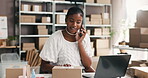 Happy, woman and logistics with laptop, phone call and communication with supplier for distribution. Shipping, boxes and black person in warehouse for supply chain, ecommerce or plan for order on web