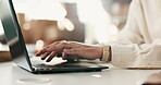 Typing, info and hands with laptop in office, copywriter and research for email marketing on website. Creative, person and copywriting with technology, ad campaign and editing blog post or project