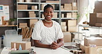 Happy, logistics and face of black woman in office for boxes, distribution or commerce career. Smile, confident and portrait of African entrepreneur with stock for supply chain, shipping or delivery.