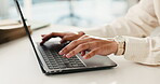 Typing, creative and hands with laptop in office, copywriter and research for email marketing on web. Online, person and copywriting with technology, ad campaign and editing blog post or project