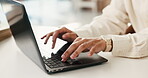 Typing, employee and hands with laptop in office, copywriter and research for email marketing on web. Creative, person and copywriting with technology, ad campaign and editing blog post or project