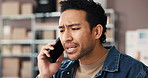 Ecommerce, phone call and man with stress in office for supplier delay, wrong delivery info or mistake. Frustrated, person talk or contact with tech for courier service issue, shipping fail or error.