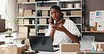 Upset, woman and logistics with laptop, phone call and communication for label error or distribution. Unhappy, entrepreneur and black person with tech for chat, mistake and product damage in startup