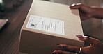 Shipping, hands or woman with package label for delivery info, packaging process or cargo details. Supply chain, small business and person with box sticker for courier service and parcel distribution