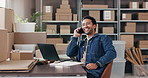 Shipping, phone call and happy man in office for supply chain, online orders and delivery update on laptop. Small business, ecommerce and person talking on tech for logistics, shipment and contact