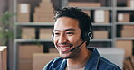 Shipping, man and headset with customer service in small business for order FAQ, logistics or help. Supply chain, agent and talking to client for package tracking, pricing enquiry or delivery status