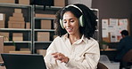 Music, headphones and woman with laptop, logistics and productivity for online shop, happy and boxes. Startup, entrepreneur and person with tech for ecommerce, streaming and distribution on website