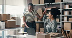 Shipping, women or high five with laptop in small business for sales profit, logistics goals or success. Supply chain staff, happy team and tech with victory fist for startup award and delivery deal