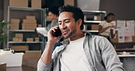 Supply chain, phone call and man in office talking for shipping, delivery update and online orders. Small business, contact and person on smartphone for distribution, courier tracking and logistics