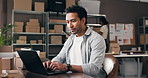 Supply chain, laptop and man in office for shipping, delivery orders and online inventory for ecommerce. Small business, website and person on computer for distribution, shipment update and logistics