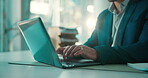 Laptop, typing and hands of business man in office for broker contact, account manager and research. Digital portfolio, investment advisor and online report with person in agency for risk assessment