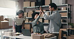 Shipping, people or high five with laptop in small business for startup award, logistics deal or goals. Supply chain, excited team and tech with clapping for sales target and freight cost reduction