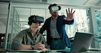 Businessmen, laptop or vr headset with simulation in office for virtual development. Male people, employees or app designers with artificial reality for corporate cyberspace or testing technology