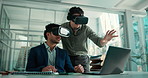Men, vr glasses and planning with laptop in office, feedback or metaverse for architecture design. People, talk and augmented reality with engineer, low angle and digital property tour at agency