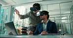 Men, vr glasses and review with laptop in office, feedback or metaverse for architecture design. People, talk and augmented reality for engineer, low angle or collaboration for property development