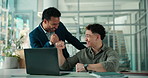 Men, team and fist bump for celebration with laptop, excited and goals for profit at finance agency. People, happy and motivation for revenue, achievement or support with pc at investment company