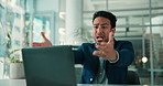 Angry, businessman and frustrated with laptop in office for market crash, financial loss or plummet. Trader, employee and stress with tech at desk for 404 glitch, trading mistake and bad investment
