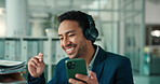 Music, dancing or businessman in office with headphones, podcast or track choice on audio app. Digital, flare or employee in agency with phone, song decision or radio streaming on subscription.