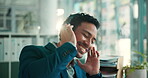 Music, dance and businessman in office with headphones, podcast or audio app during break. Happiness, flare or corporate employee in agency with tech, song or radio streaming in workplace rest.