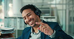 Music, dancing or man in office with headphones, podcast or audio app during break. Happiness, flare and corporate employee in agency with tech, radio streaming and rhythm in workplace rest.