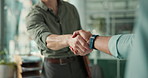 Shaking hands, recruitment and interview at office with onboarding, hiring process or thanks at job. People, HR manager and handshake for employee, success or congratulations with agreement at agency