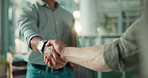 Handshake, recruitment and interview at office with onboarding, hiring process or thanks at job. People, HR manager and shaking hands for employee, success or congratulations with agreement at agency