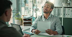 Man, interview and talk with resume at office with smile, review and onboarding process at company. People, HR manager and happy with cv, listen or consultant with paperwork for recruitment at agency