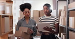People, clipboard and boxes in warehouse for logistics, inspection and inventory management. Women, talk and pointing to package for stock check, supply chain and checklist with distribution schedule
