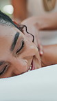 Happy woman, relax or masseuse with back massage in spa for physical therapy, healing or recovery. Calm, female person or customer asleep with eyes closed for relaxation or beauty treatment in salon