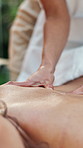 Woman, masseuse or hands with back massage in spa for physical therapy, healing or stress relief. Female person, beautician or customer relaxing with holistic beauty treatment for health or wellness