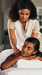 Women, shoulder massage and happy at spa, relax and holistic treatment for muscle, circulation or wellness. People, masseuse and client with physical therapy, service or pain relief at holiday resort
