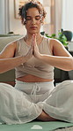 Woman, yoga or breathing with meditation in home for calm chakra energy, mindfulness or balance. Female person, zen or namaste with lotus for inner peace, tranquility or spiritual healing in house