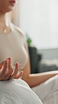 Woman, yoga or hands with meditation in home for breathing exercise, chakra balance or mindfulness. Closeup, female person or zen with namaste or lotus for inner peace or spiritual healing in house