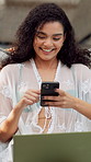 Woman outdoor, laptop and phone at resort with smile for social media joke, text message and chat. Person, laugh and scroll with tech at hotel for online meme, funny conversation and internet humor.