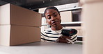 Barcode scanner, shelves and tablet with black woman in storage depot for inventory or logistics management. App, boxes and stock with African person in office for shipping or supply chain schedule