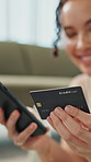 Happy woman, hands and phone with credit card for online banking, shopping or payment in home. Closeup, female person or shopper with mobile smartphone or debit for ecommerce, buying or virtual app