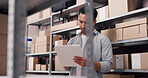 Inventory, man or writing on clipboard in logistics for stock control, quality assurance or shipping. Supply chain, person or counting boxes with checklist for storage management, WMS or distribution