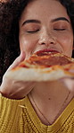 Woman, student and eating pizza in home for education, study snack and multitasking. Female person, laptop and takeaway food for break meal, online learning and productivity for university assignment
