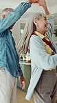 Dance, spin and elderly couple in home for bonding, connection and commitment together. Retirement, house and senior man and woman for love, relationship and marriage with movement, music and song