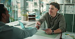 Happy, businessmen and interview with handshake or CV for hiring, deal or agreement in office. Male people, employer or candidate shaking hands with resume or portfolio for recruiting or onboarding