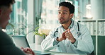 Healthcare, talking and doctor with instructions for patient for medicine, consulting and advice. Hospital, clinic and man in discussion for prescription, explain diagnosis or feedback in appointment