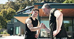 Fitness, personal trainer and people outdoor with handshake for exercise, training and workout goals. Happy, support and mature man with coach for thank you for wellness, active and health progress