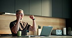 Fist pump, winning and man on laptop in home with online bonus, good news and investment profit. Happy, excited and mature person on computer for trading success, stock market growth and achievement