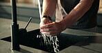 Hygiene, man and washing hands at tap in kitchen for dirt removal, germ prevention and sanitation. Closeup, person and cleaning skin with water in home for bacteria safety, cleanliness and self care
