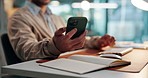 Phone, hands and businessman in office with networking, communication or email on mobile app. Cellphone, technology and male person with contact, texting or social media on break in workplace.