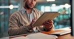 Office, tablet and business man at night for online proposal, financial report and investment research. Corporate, dark and person on digital tech for internet, finance review and budget planning